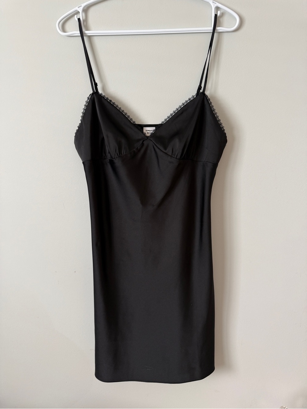 Aritzia Sunday Best Black Satin Slip Dress Y2K Lace Trim Mini M